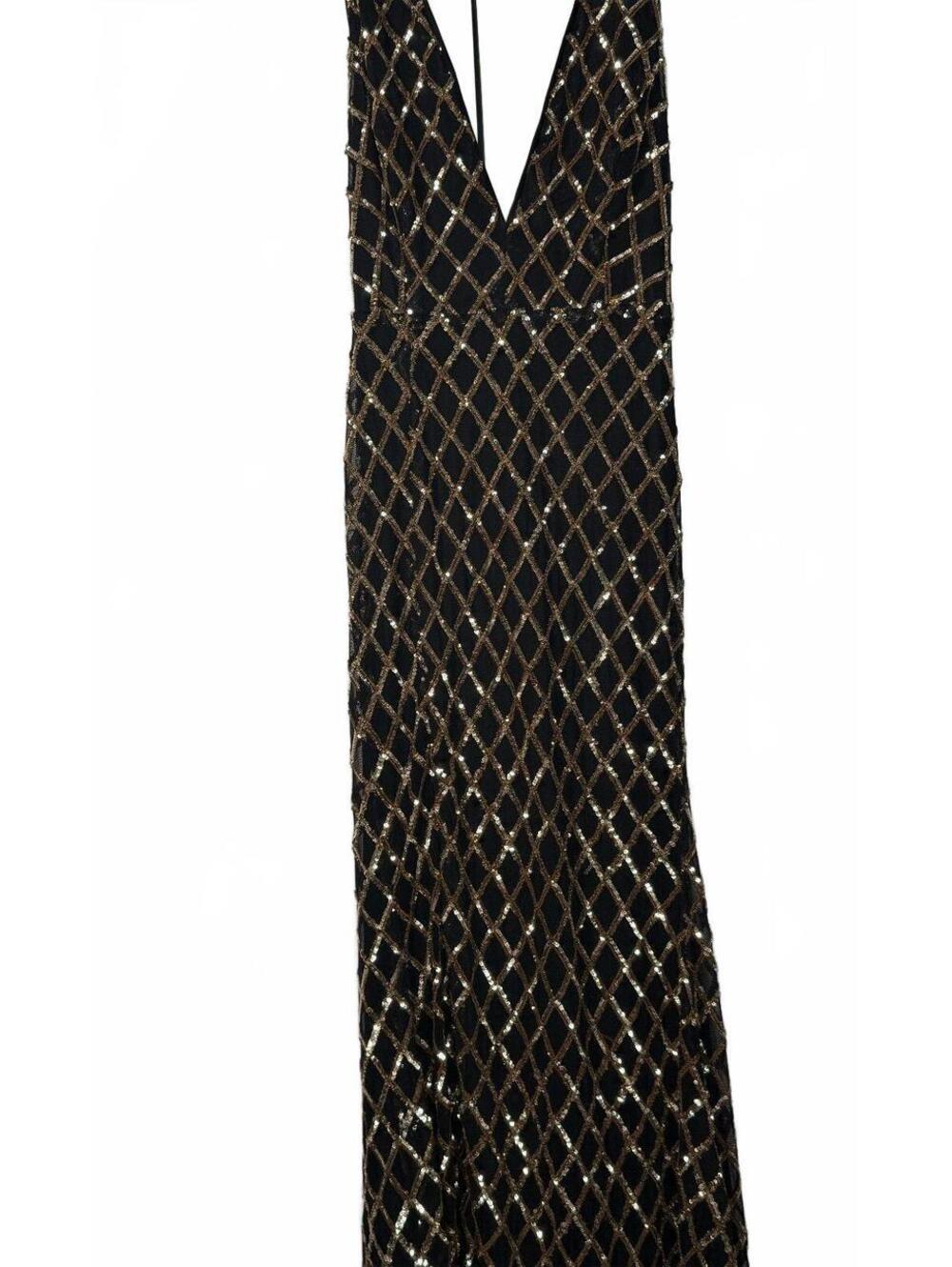 XTaren Black & Gold Sequin Formal Gown Plunging V-Neck Maxi Dress NWT